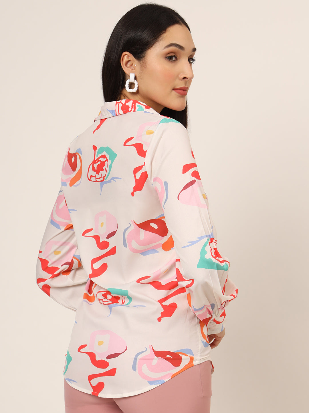 Women'S Premium American Crepe Multicolour Long Length Curved Hem Digital Print Shirt