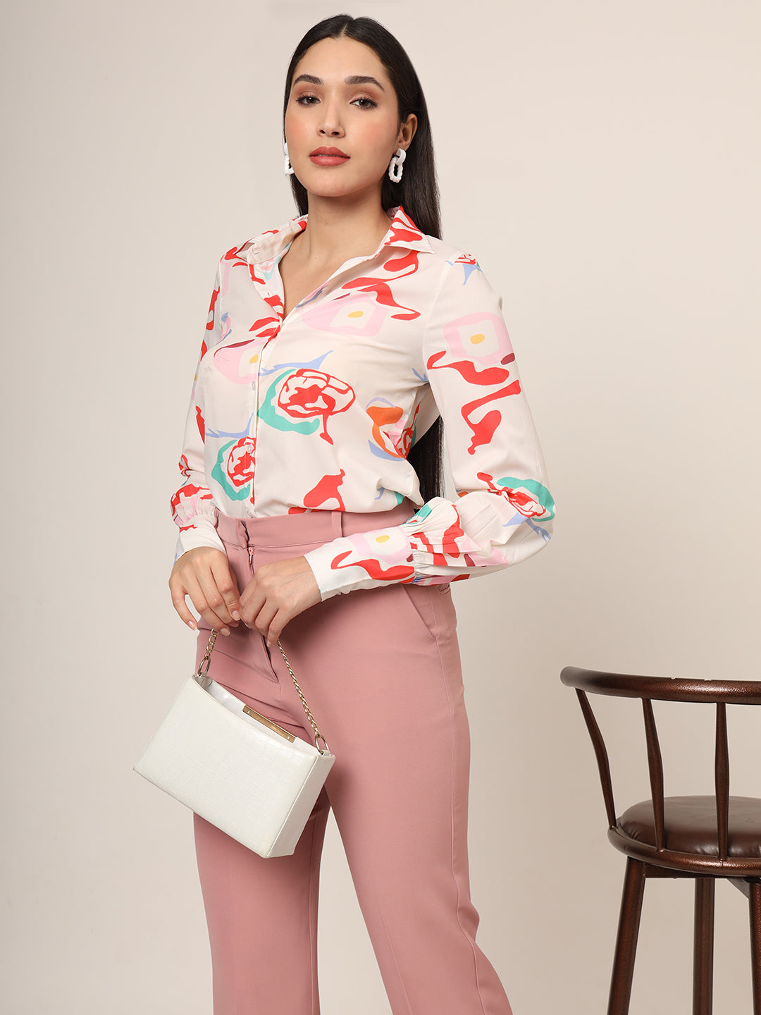 Women'S Premium American Crepe Multicolour Long Length Curved Hem Digital Print Shirt