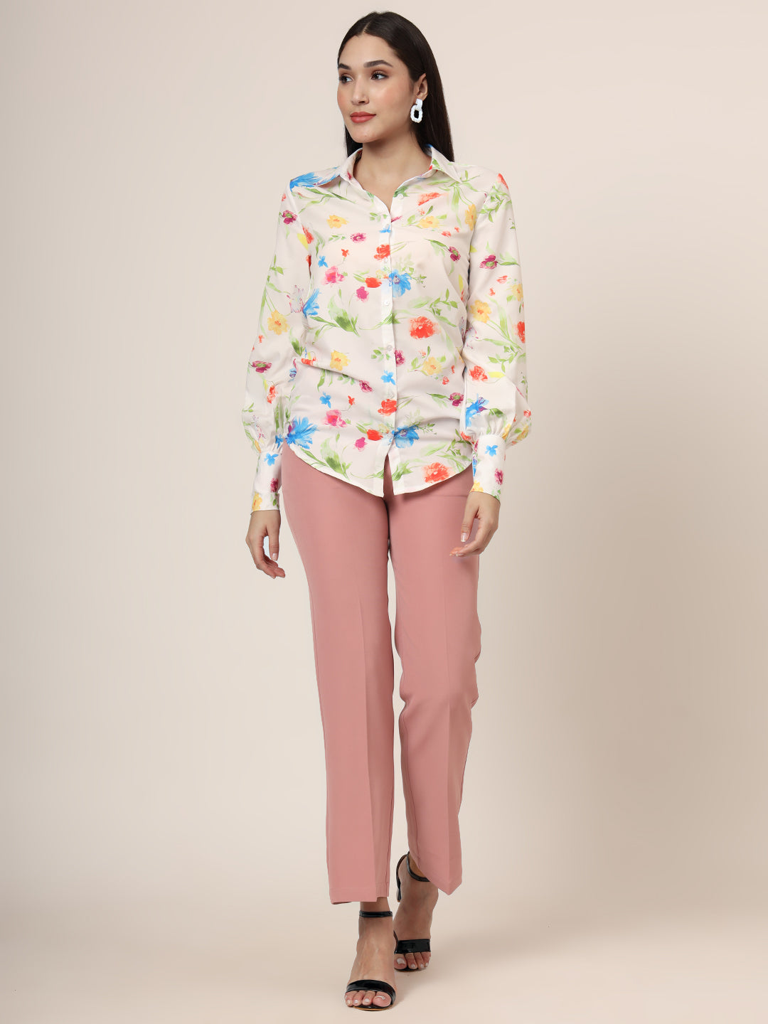 Women'S Premium Micro Multicolour Long Length Curved Hem Digital Print Shirt