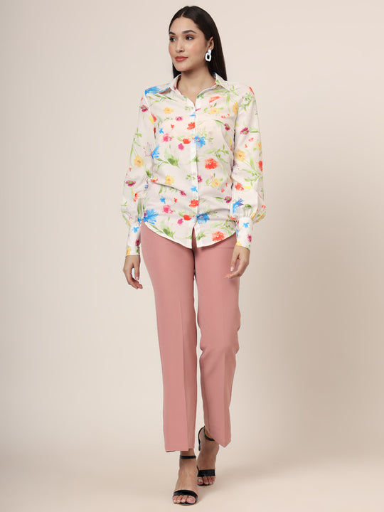 Women'S Premium Micro Multicolour Long Length Curved Hem Digital Print Shirt