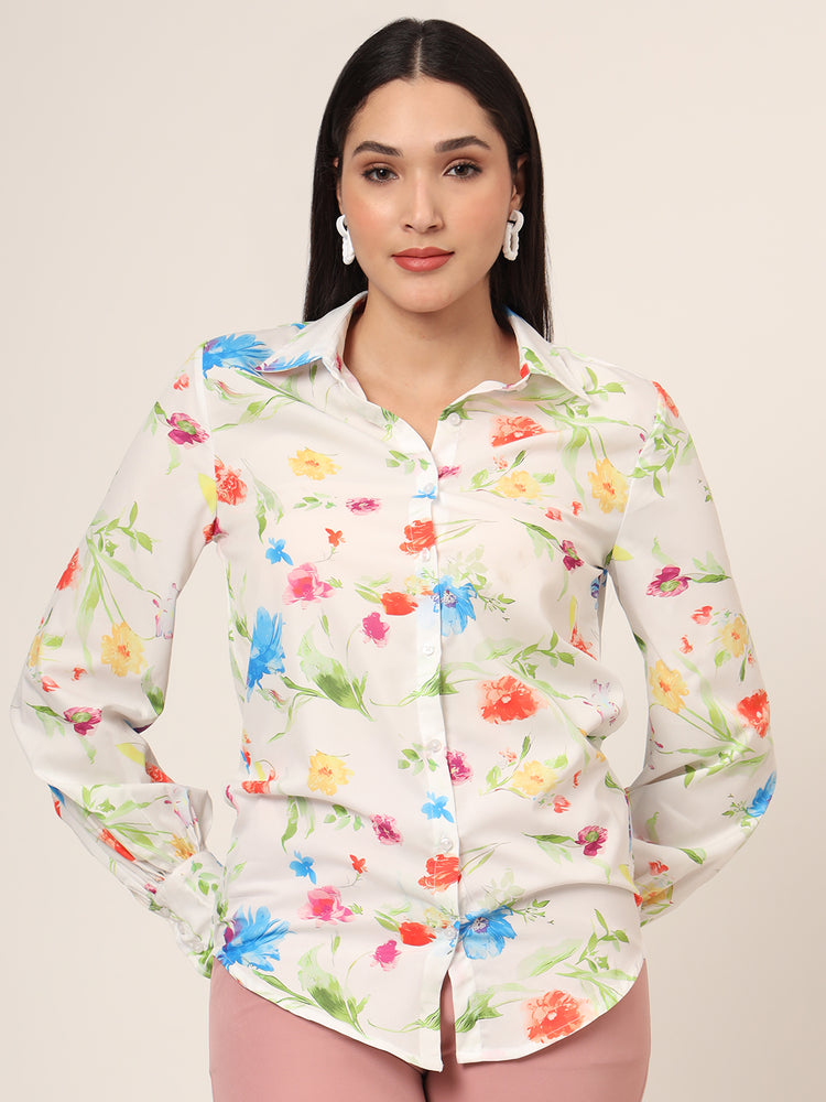 Women'S Premium Micro Multicolour Long Length Curved Hem Digital Print Shirt