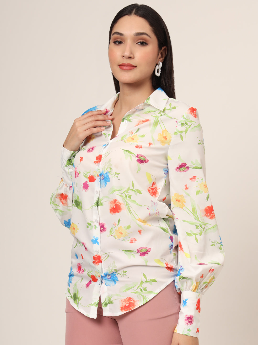 Women'S Premium Micro Multicolour Long Length Curved Hem Digital Print Shirt