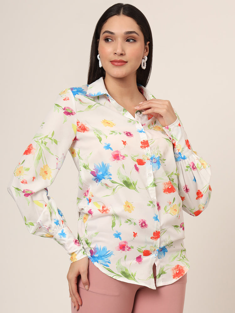 Women'S Premium Micro Multicolour Long Length Curved Hem Digital Print Shirt