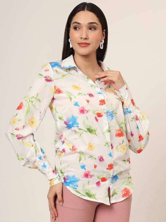 Women'S Premium Micro Multicolour Long Length Curved Hem Digital Print Shirt