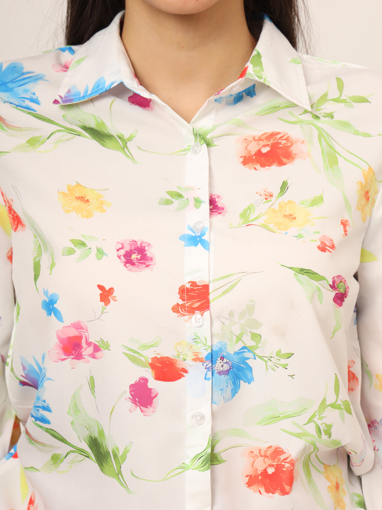 Women'S Premium Micro Multicolour Long Length Curved Hem Digital Print Shirt