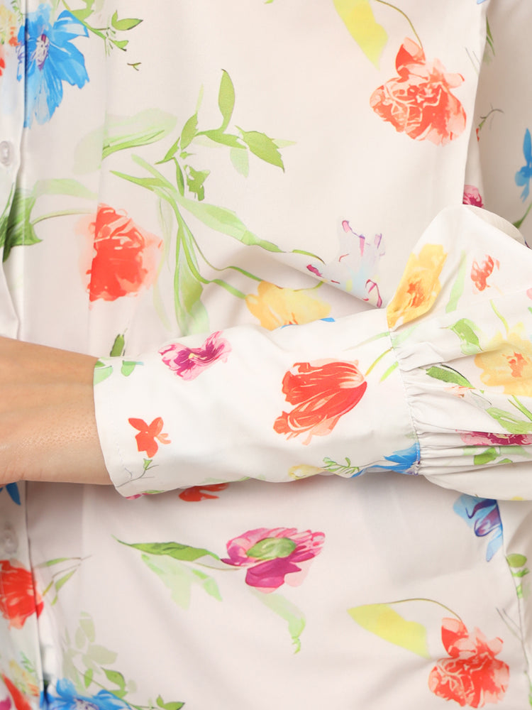 Women'S Premium Micro Multicolour Long Length Curved Hem Digital Print Shirt