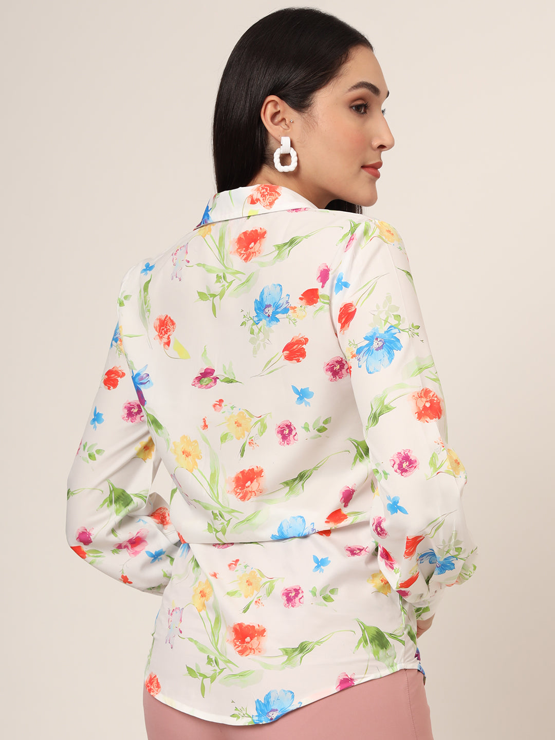Women'S Premium Micro Multicolour Long Length Curved Hem Digital Print Shirt