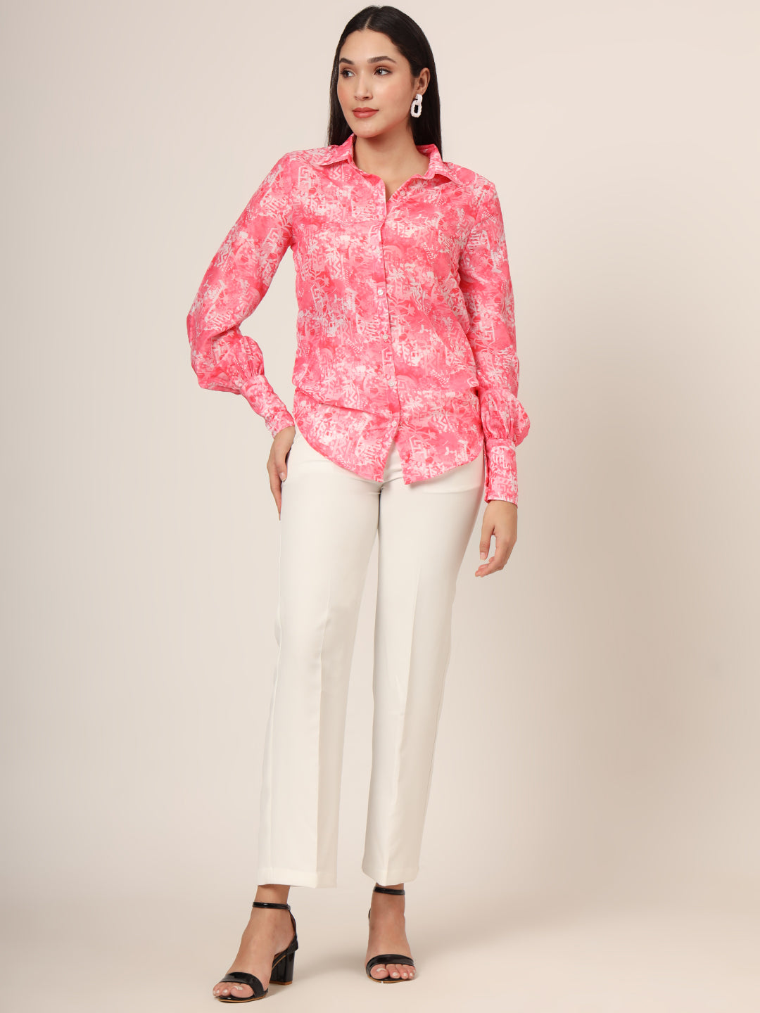 Women'S Premium Muslin Pink Long Length Curved Hem Digital Print Shirt