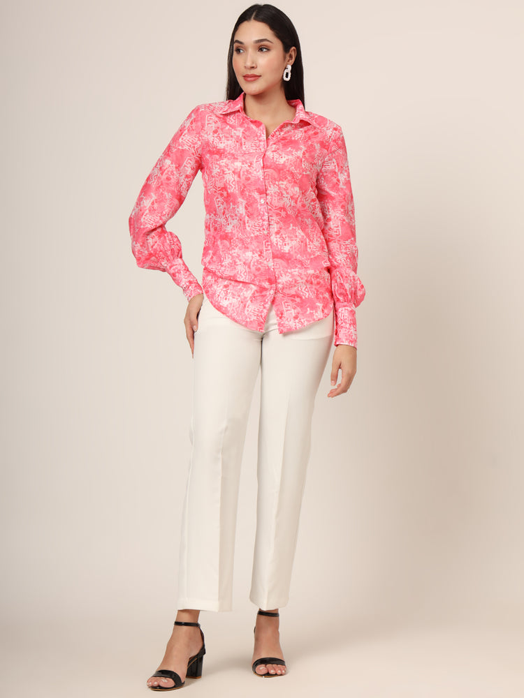 Women'S Premium Muslin Pink Long Length Curved Hem Digital Print Shirt