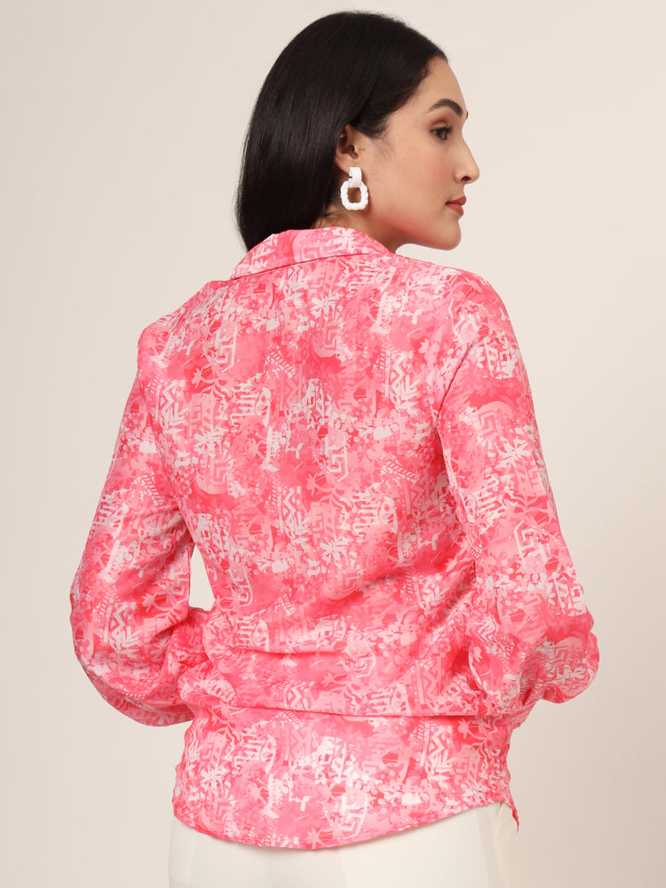 Women'S Premium Muslin Pink Long Length Curved Hem Digital Print Shirt