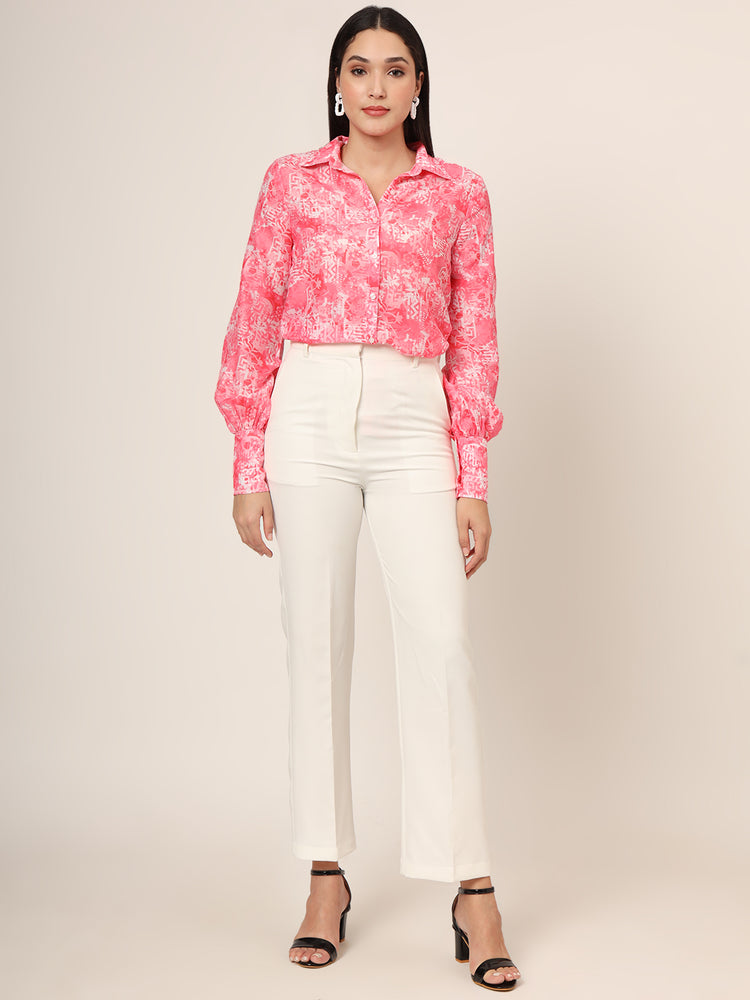 Women'S Premium Muslin Pink Long Length Curved Hem Digital Print Shirt