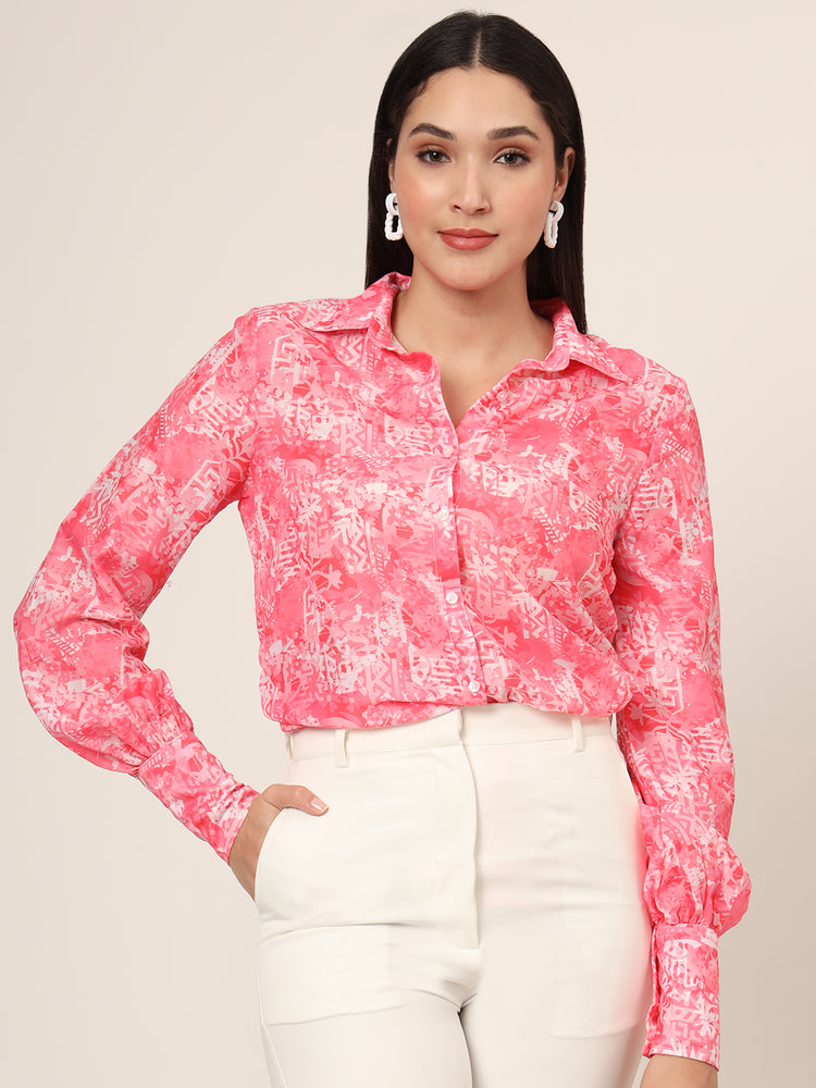 Women'S Premium Muslin Pink Long Length Curved Hem Digital Print Shirt