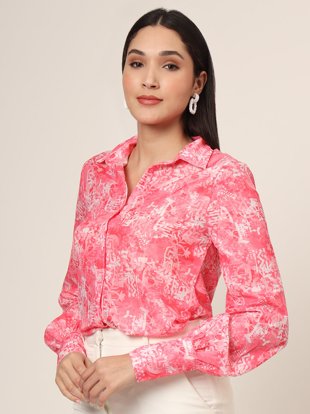 Women'S Premium Muslin Pink Long Length Curved Hem Digital Print Shirt