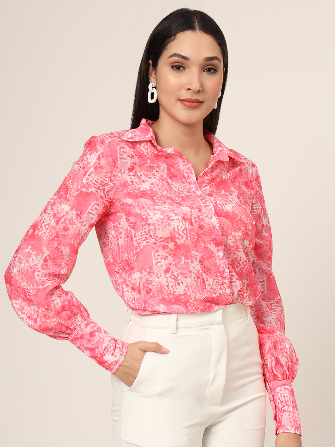 Women'S Premium Muslin Pink Long Length Curved Hem Digital Print Shirt