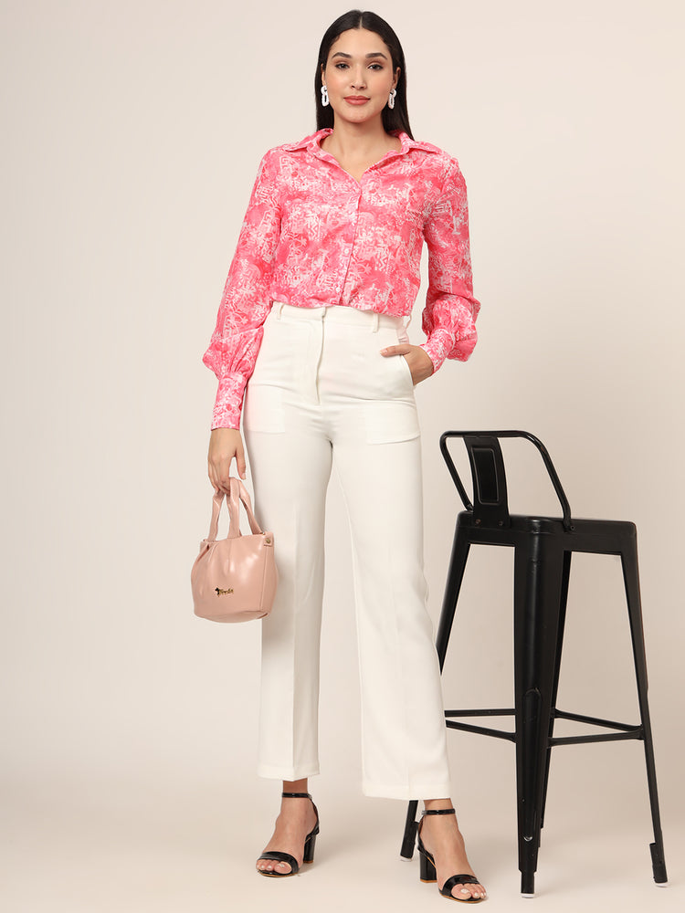 Women'S Premium Muslin Pink Long Length Curved Hem Digital Print Shirt