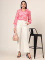 Women'S Premium Muslin Pink Long Length Curved Hem Digital Print Shirt