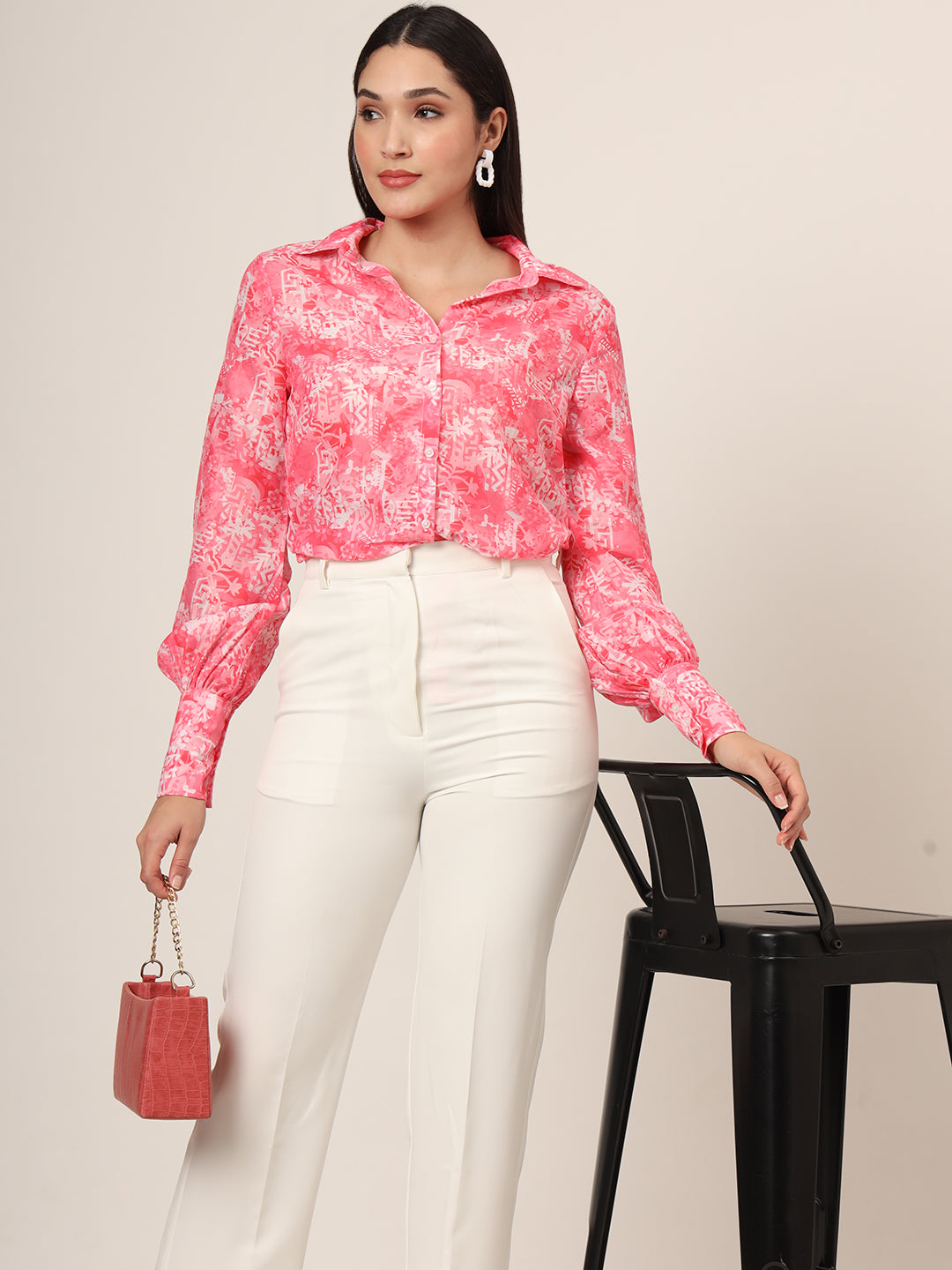 Women'S Premium Muslin Pink Long Length Curved Hem Digital Print Shirt