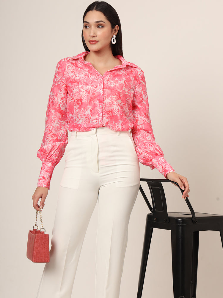 Women'S Premium Muslin Pink Long Length Curved Hem Digital Print Shirt