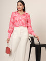 Women'S Premium Muslin Pink Long Length Curved Hem Digital Print Shirt