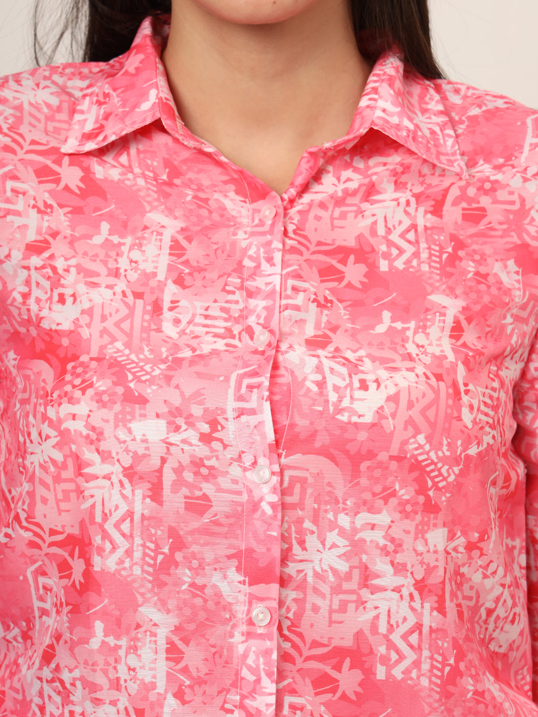 Women'S Premium Muslin Pink Long Length Curved Hem Digital Print Shirt