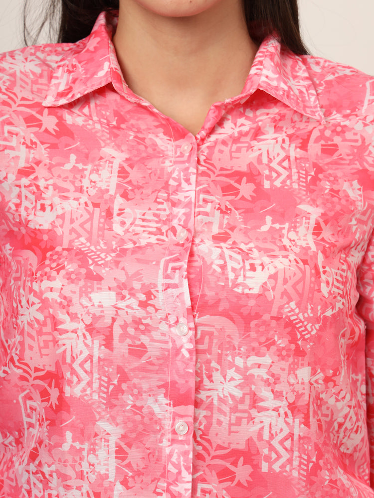 Women'S Premium Muslin Pink Long Length Curved Hem Digital Print Shirt