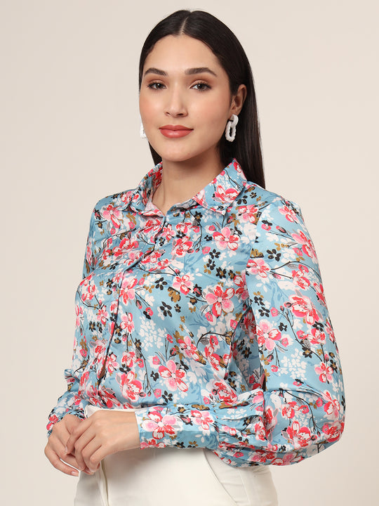 Women'S Luxury Satin Multicolour Long Length Curved Hem Digital Print Shirt