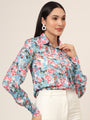 Women'S Luxury Satin Multicolour Long Length Curved Hem Digital Print Shirt