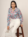 Women'S Luxury Satin Multicolour Long Length Curved Hem Digital Print Shirt