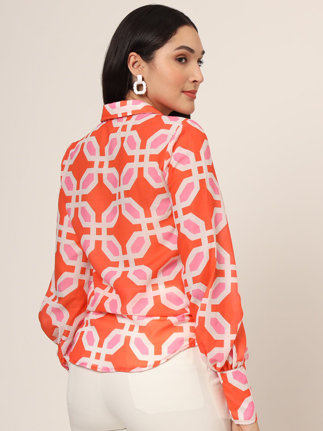 Women'S Luxury Cambric Multicolour Long Length Curved Hem Digital Print Shirt
