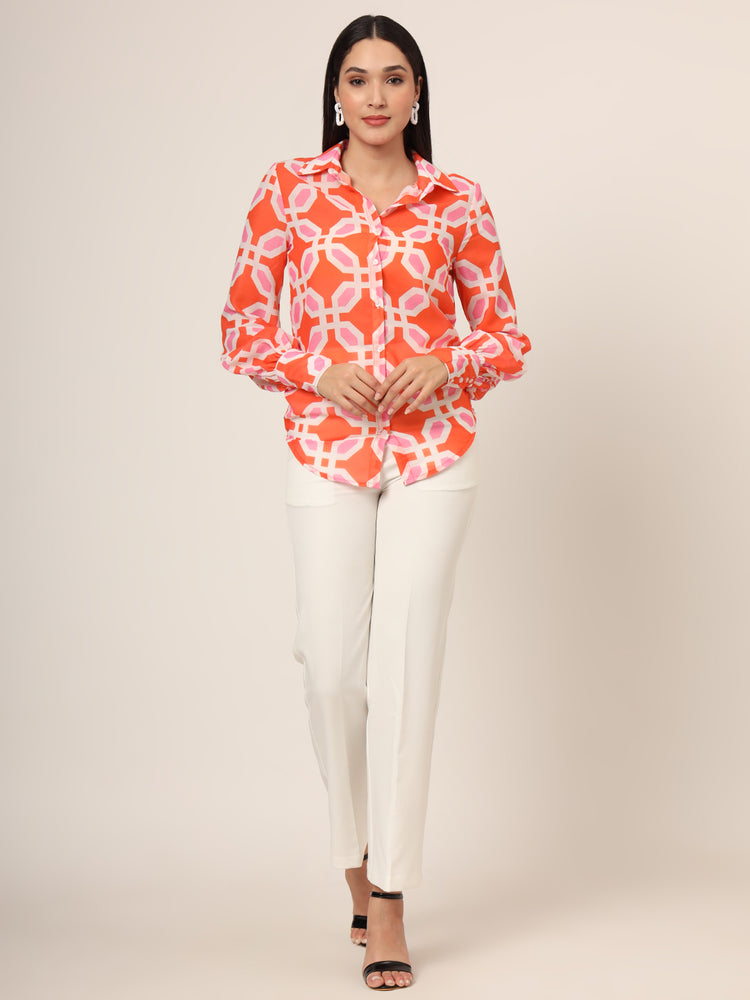 Women'S Luxury Cambric Multicolour Long Length Curved Hem Digital Print Shirt