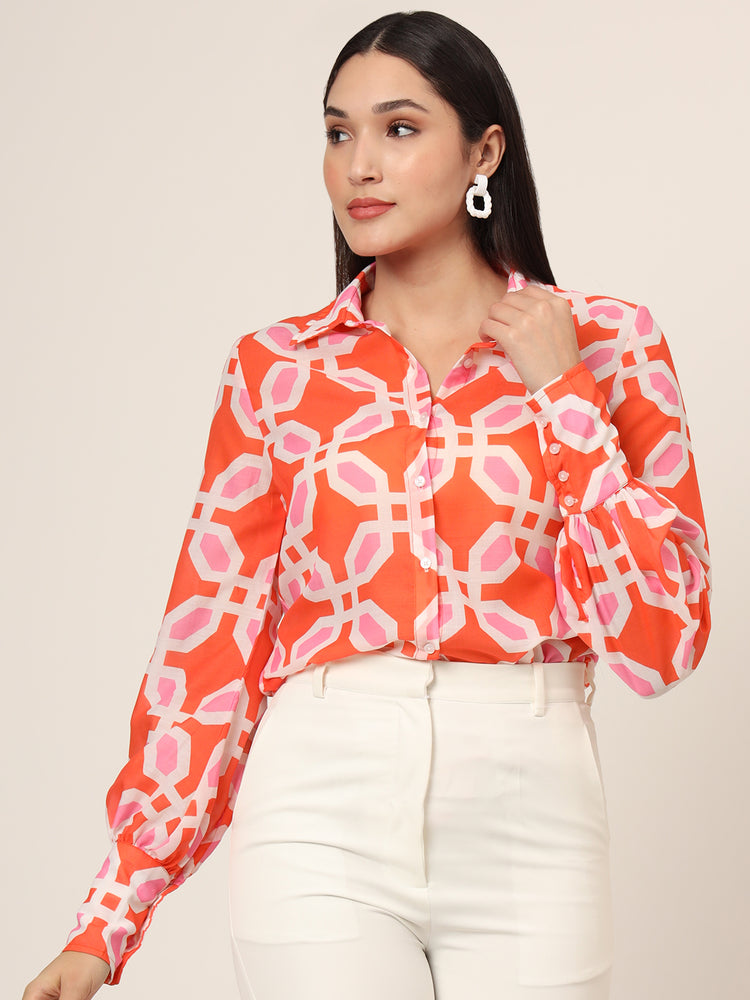 Women'S Luxury Cambric Multicolour Long Length Curved Hem Digital Print Shirt