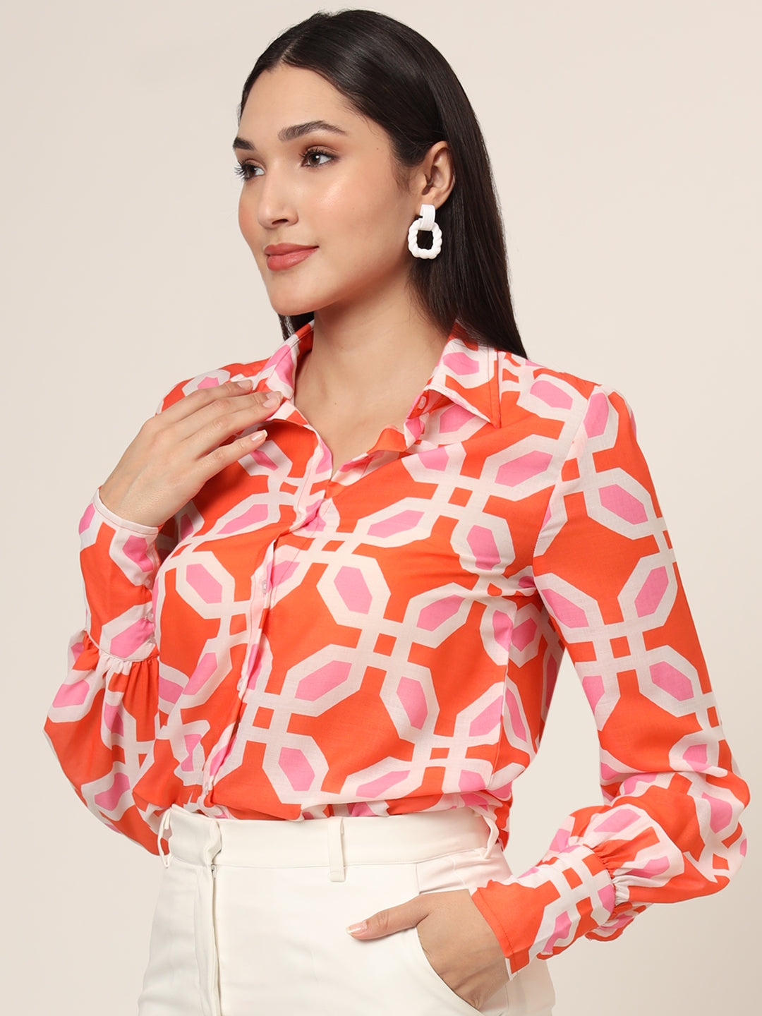 Women'S Luxury Cambric Multicolour Long Length Curved Hem Digital Print Shirt