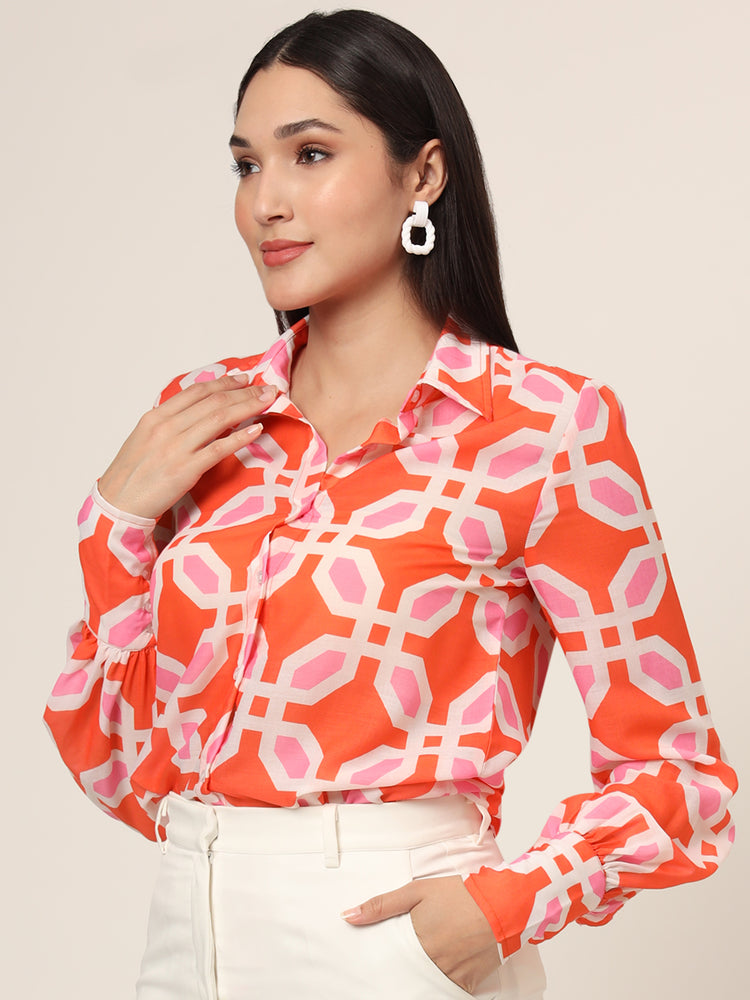 Women'S Luxury Cambric Multicolour Long Length Curved Hem Digital Print Shirt