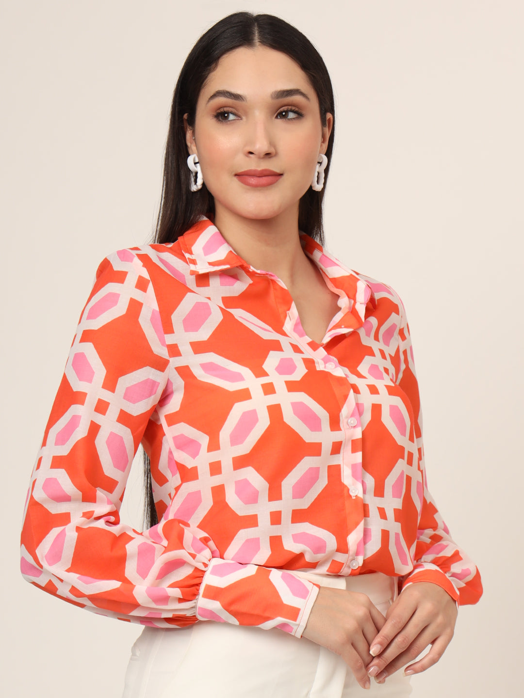 Women'S Luxury Cambric Multicolour Long Length Curved Hem Digital Print Shirt