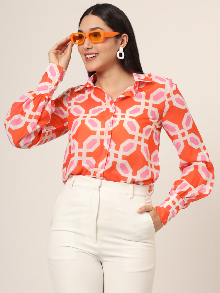 Women'S Luxury Cambric Multicolour Long Length Curved Hem Digital Print Shirt