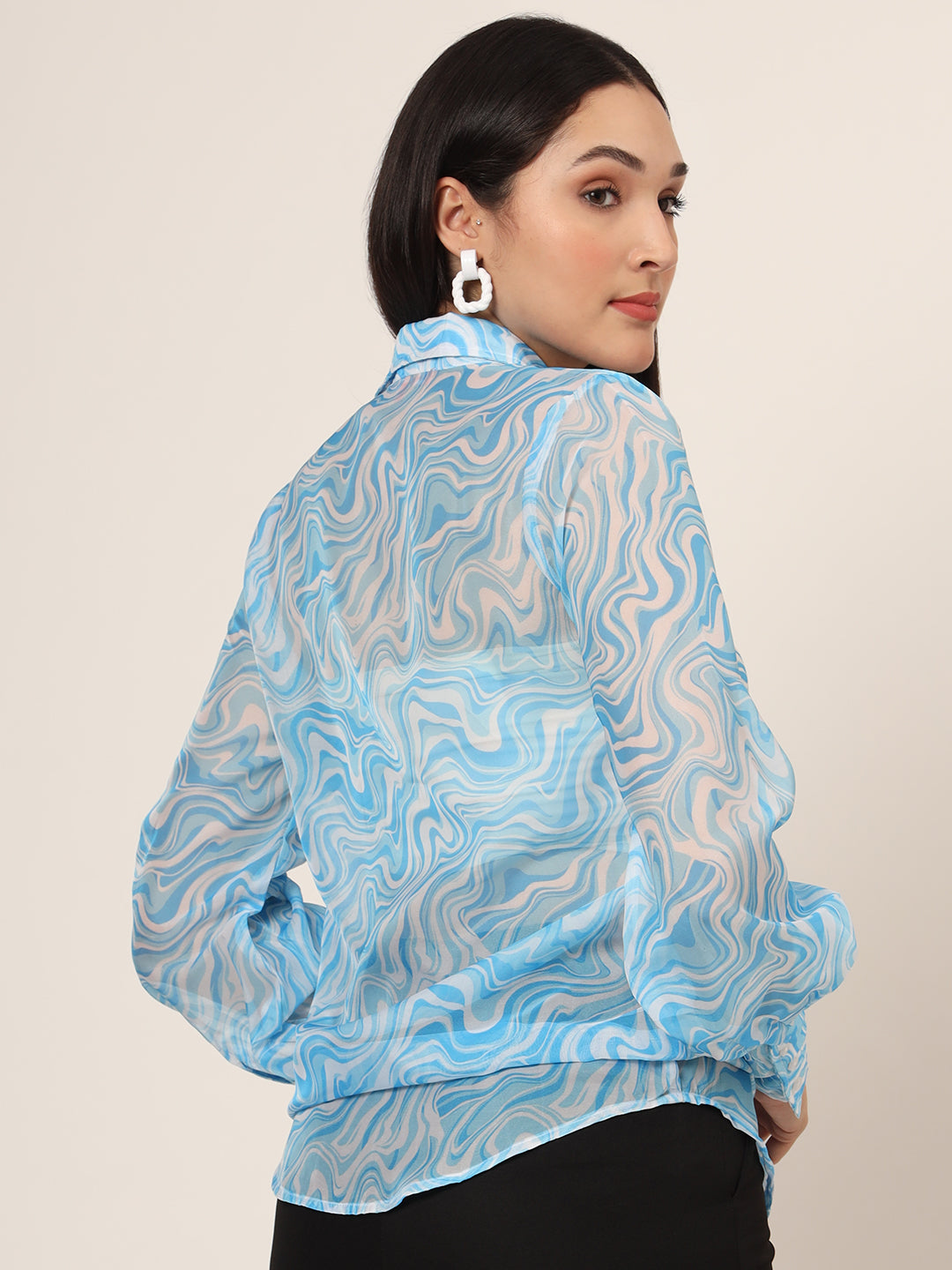 Women'S Premium Organza Blue And White Long Length Curved Hem Digital Print Shirt