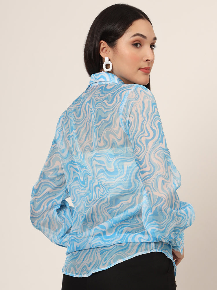 Women'S Premium Organza Blue And White Long Length Curved Hem Digital Print Shirt