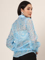 Women'S Premium Organza Blue And White Long Length Curved Hem Digital Print Shirt