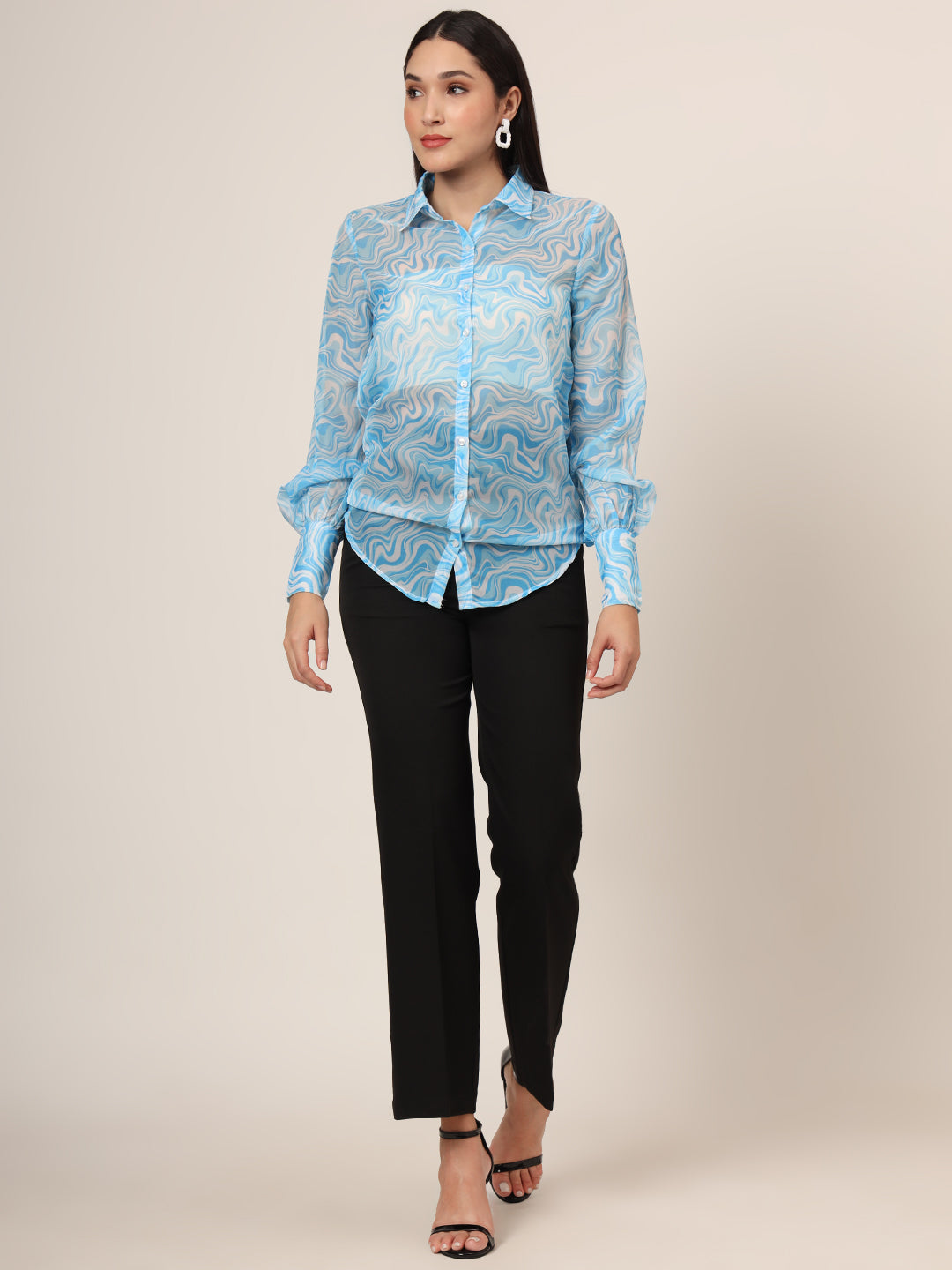 Women'S Premium Organza Blue And White Long Length Curved Hem Digital Print Shirt