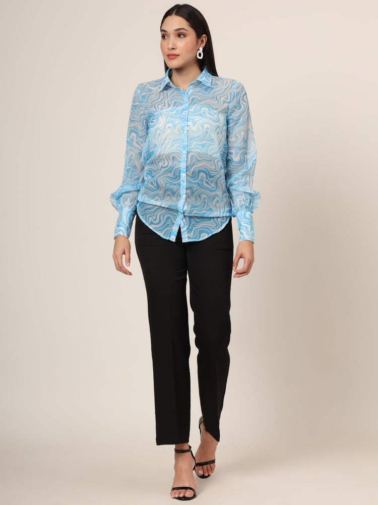 Women'S Premium Organza Blue And White Long Length Curved Hem Digital Print Shirt