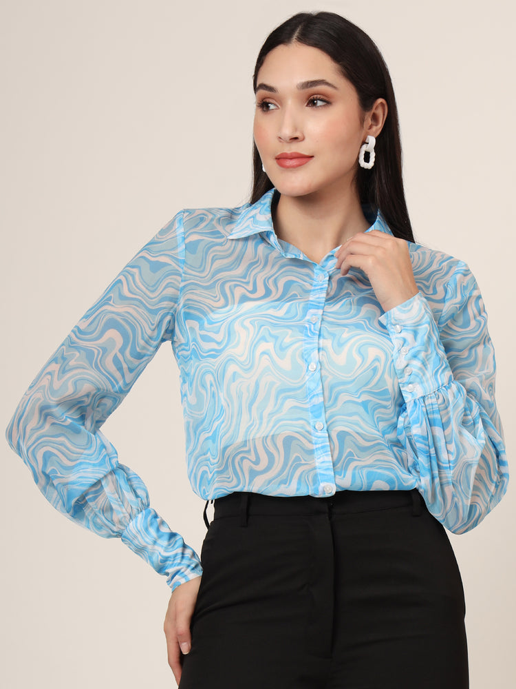 Women'S Premium Organza Blue And White Long Length Curved Hem Digital Print Shirt