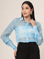 Women'S Premium Organza Blue And White Long Length Curved Hem Digital Print Shirt
