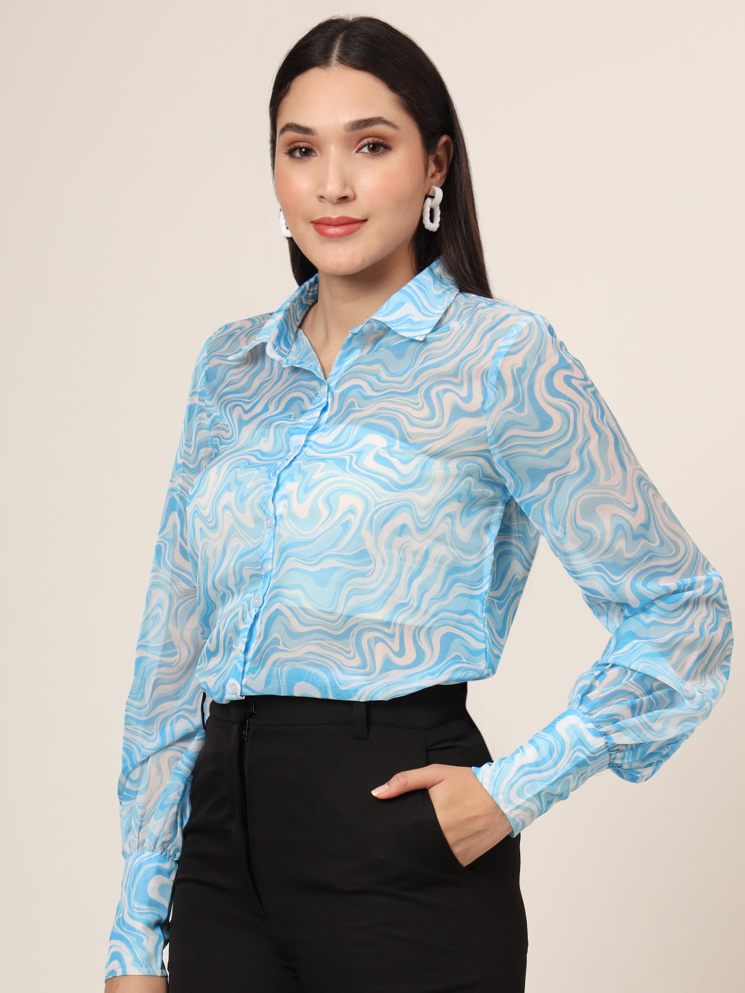 Women'S Premium Organza Blue And White Long Length Curved Hem Digital Print Shirt