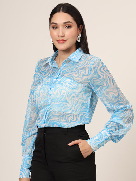 Women'S Premium Organza Blue And White Long Length Curved Hem Digital Print Shirt