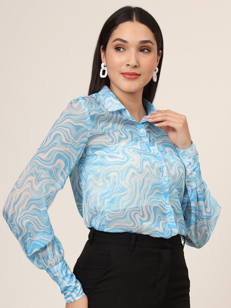 Women'S Premium Organza Blue And White Long Length Curved Hem Digital Print Shirt