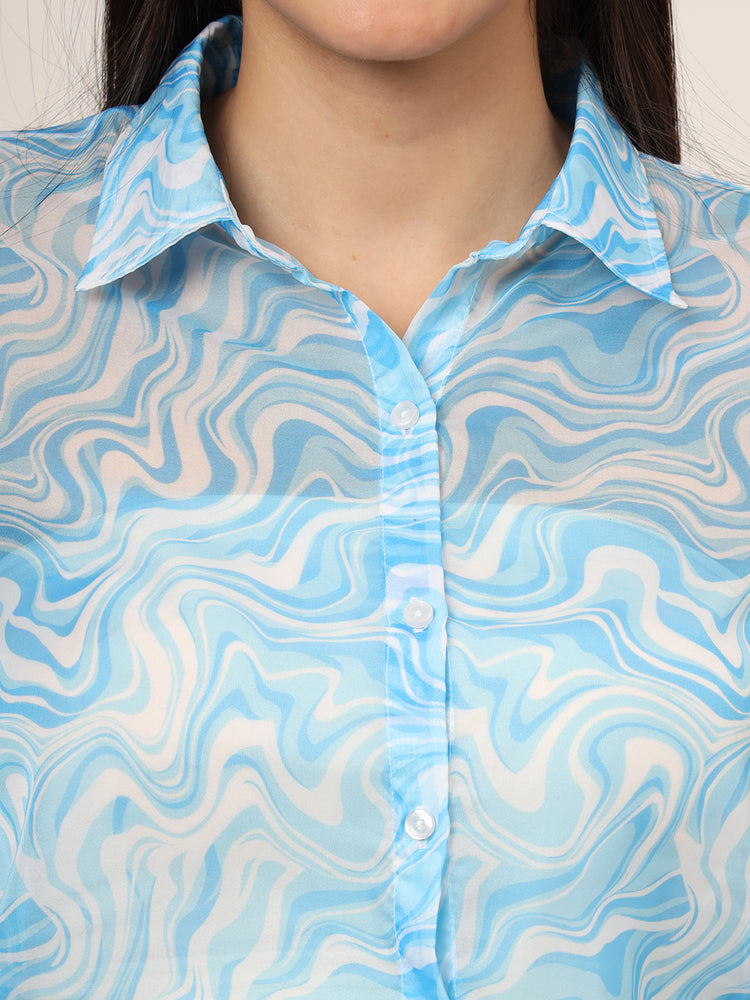 Women'S Premium Organza Blue And White Long Length Curved Hem Digital Print Shirt