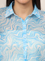 Women'S Premium Organza Blue And White Long Length Curved Hem Digital Print Shirt
