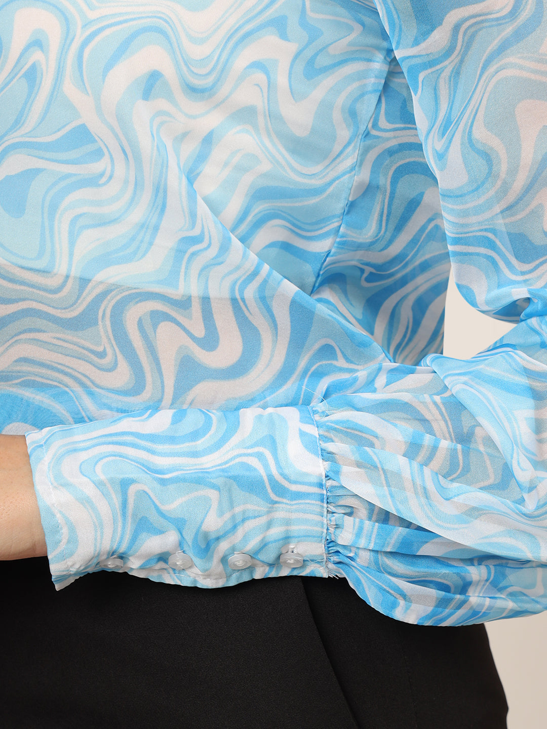 Women'S Premium Organza Blue And White Long Length Curved Hem Digital Print Shirt