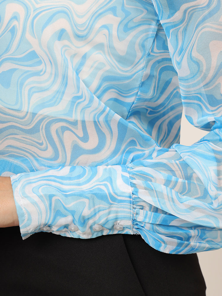 Women'S Premium Organza Blue And White Long Length Curved Hem Digital Print Shirt