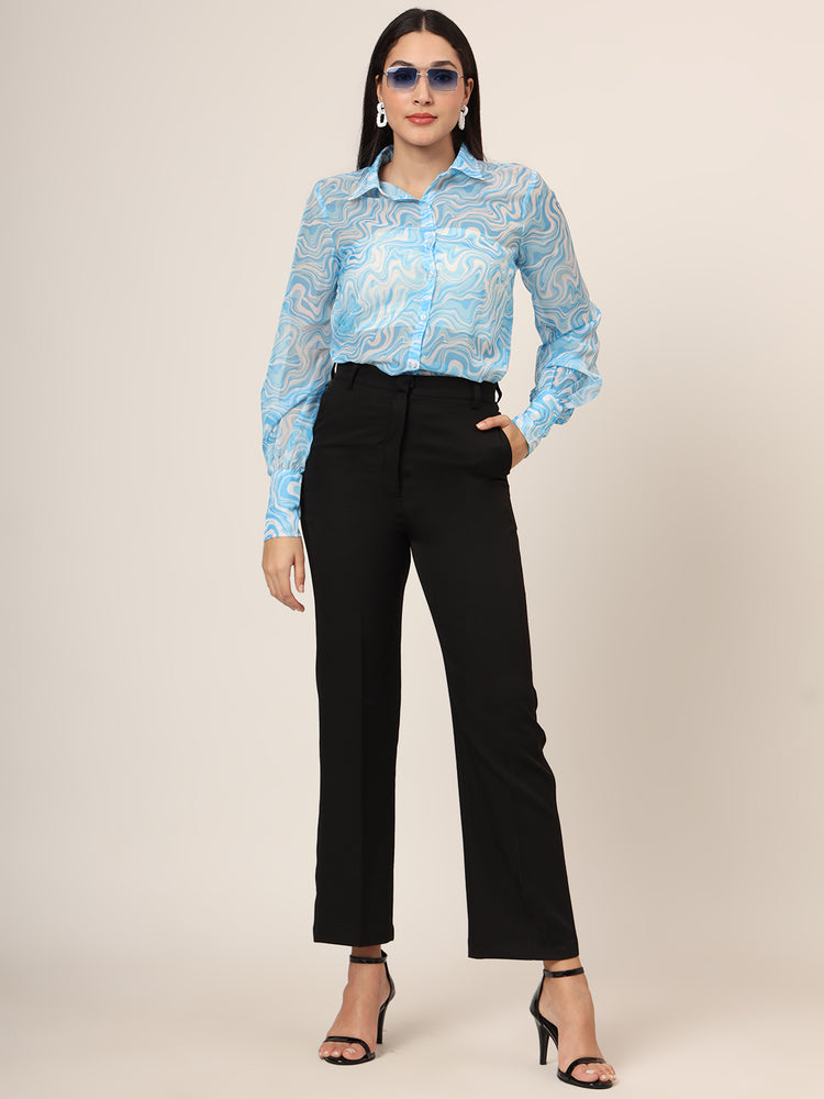 Women'S Premium Organza Blue And White Long Length Curved Hem Digital Print Shirt
